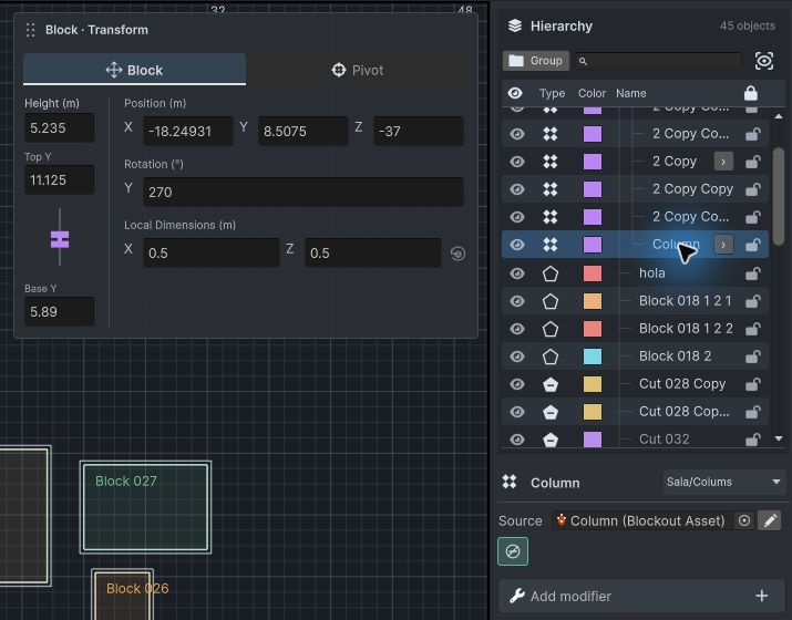 Selected Column template with transform controls, purple hierarchy icon, linked Source asset and edit button