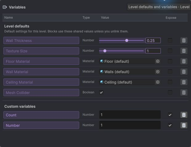 Variables panel with built-in level defaults, Number, Material and Boolean values, and a separate custom variables section